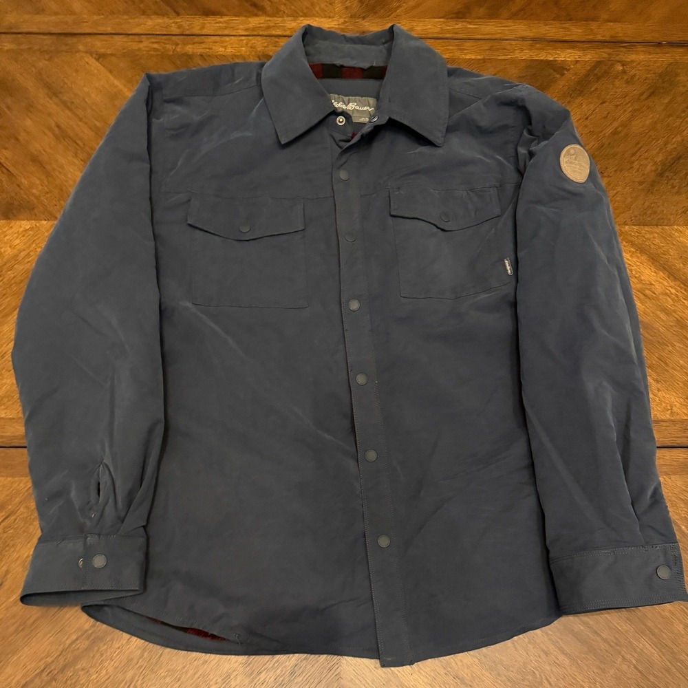Eddie Bauer Mens XL Navy Blue Plaid Fleece Lined Snap Front Shirt Jacket
